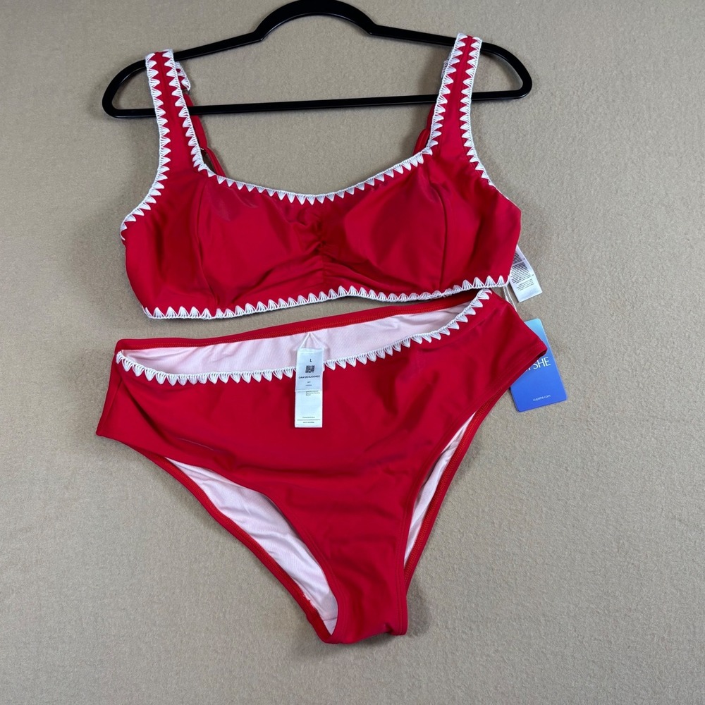Cupshe Red White Embroidered Scallop Trim Bikini Set High Waist Two Piece L